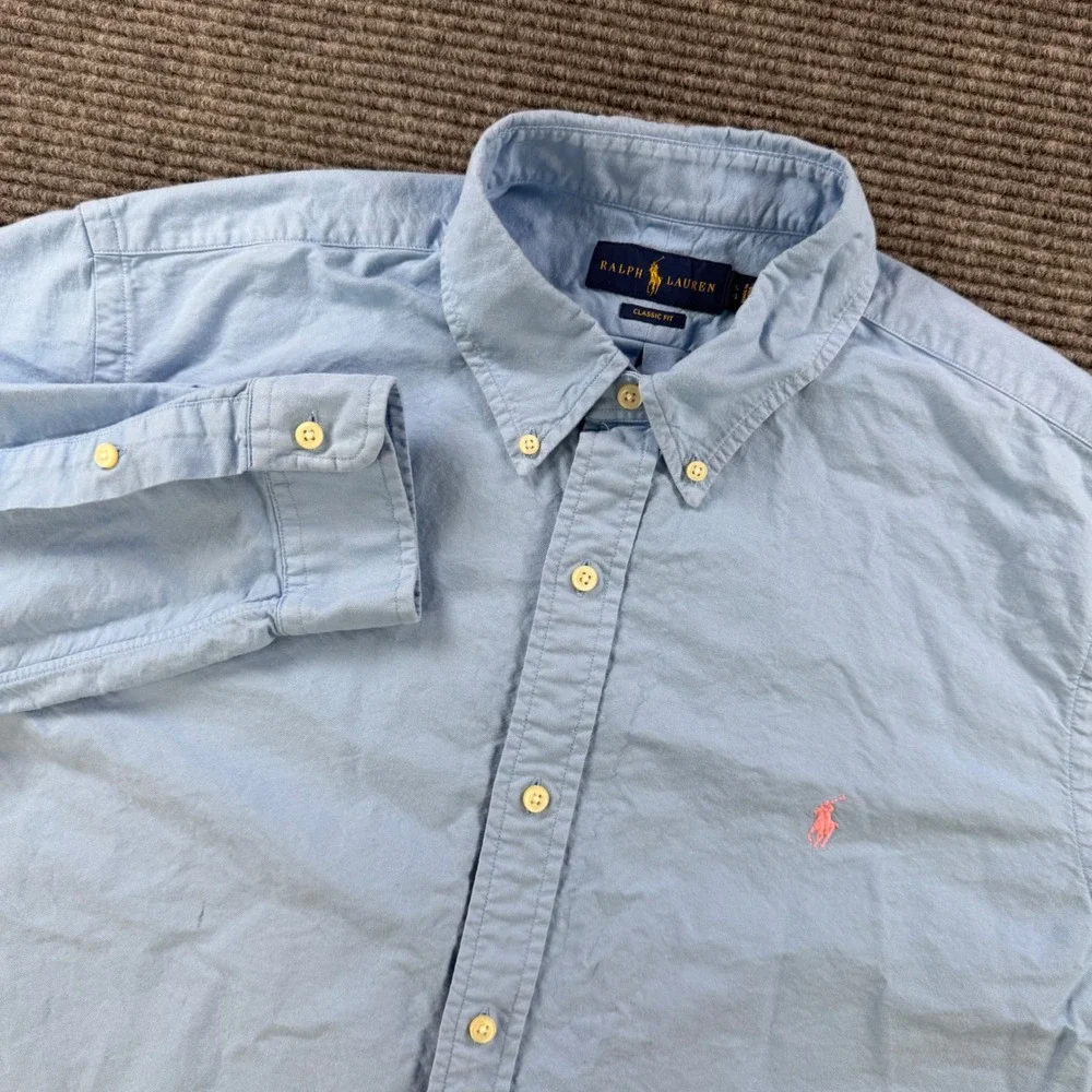 Ralph Lauren Classic Fit Oxford Shirt Mens XL Blue Long Sleeve Pink Pony Logo